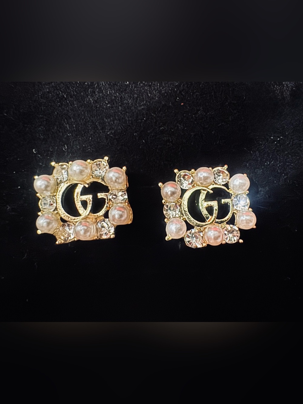 Gold Pearl Crystal Gucci Stud Earrings